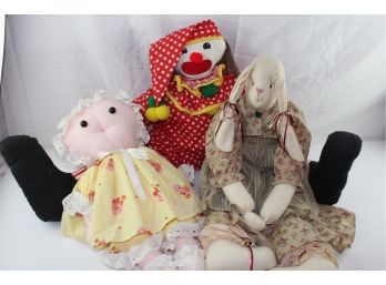 Three Larger Soft Body Dolls Including Rabbit, Clown And A Baby