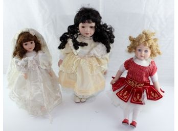3 Bisque Dolls Soft Bodies, 15 Inch On Stand 14 In Red Dress, 12in Bride Heritage