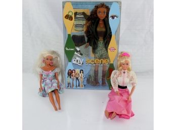 3 Barbie's, My Scene Madison B3215, Blue Dress 1966, Long Pink Dress 1993