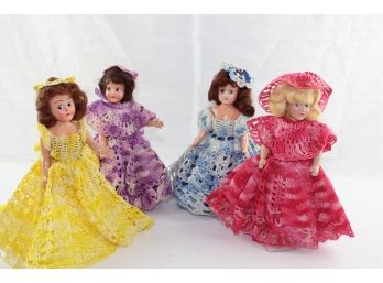 Lot Of Four Plastic 8 In Dolls On Stands, Beautiful Crocheted Dresses