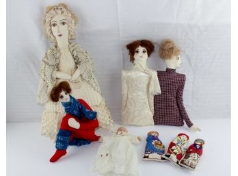 7 Miscellaneous Dolls Three Stuffed & Embroidery, 18 Inch Soft Embroidery Face And Crochet Dress,