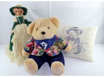 3 Misc 1 Pillow, Stuffed Bear, Green Dress On Stand