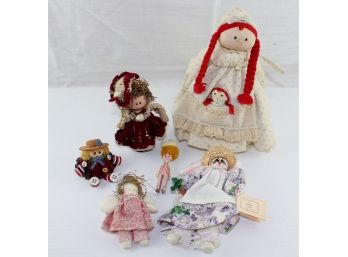 Lot Of 6, 3 Clothes Pin Dolls, Button Girl And Two Soft Dolls