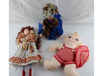 3 Misc. Wooden Doll Missing Foot, Cloth Doll With Embroidered Face, Plastic Doll In Blue
