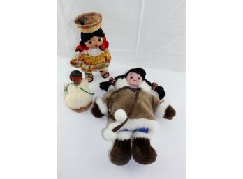3 Indian Dolls, 4.5 In, Indian Art Company, 9.5 In Girl With Basket, 12 In Vinyl Face, Arctic Circle