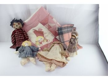 4 Misc Soft Dolls, Quilted Wall Hanging And Soft Blanket