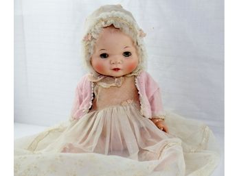 1958 American Character Doll 15in All Vinyl With Molded Hair, Pink Jacket, Has Working Squeaker, Open Close Eyes