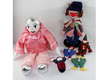6 Clown Dolls- 1 Wooden Clown, 3 Hanging Dolls, 15' Patchwork, 20 ' Pink Embroidered Face