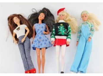 4 Barbies, All Marked On Back, Blue Overalls - Can Do Splits