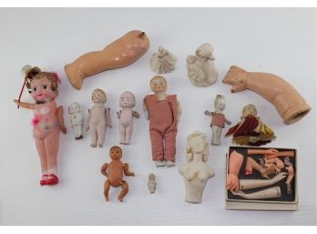 Lot Of 11 Dolls And Small Box Of Body Parts, Five Are Bisque Dolls, 1 Small Plastic ,small Plastic Jointed