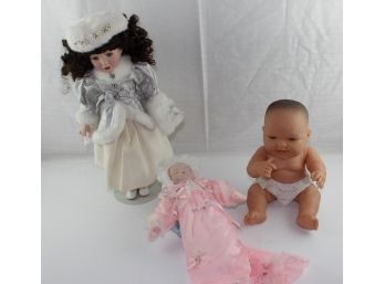 3 Dolls, Pink Dress, Bisque Head, Hands, Feet - 1998 Camelia Garden - Berenguer Vinyl Baby