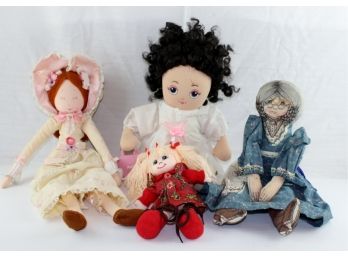 4 Misc Soft Cloth Dolls, Stained Embroidered Face, Sugar Loaf White Dress, Red Dress Embroidered Face