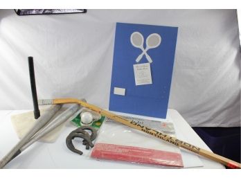 Sports Lot - Hockey Stick, Two Bats, Set Of Throw Down Bases, Hard Rubber Horseshoes, Tee