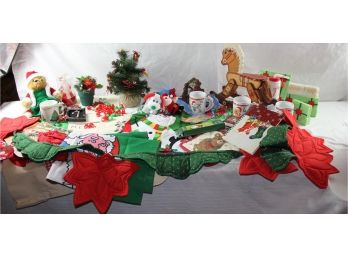 Lot Of Christmas Misc, Decorations, Mugs, Rocking Horse, Flags, Ornaments, Stockings