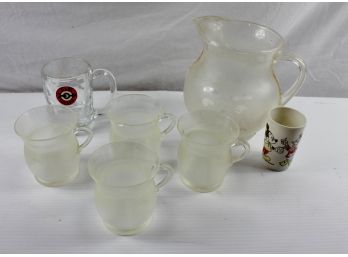 Plastic Kool-Aid Pitcher& 4 Cups, Glass A&W Root Beer Mugs Saucers, Small Plastic Walt Disney Characters Cup