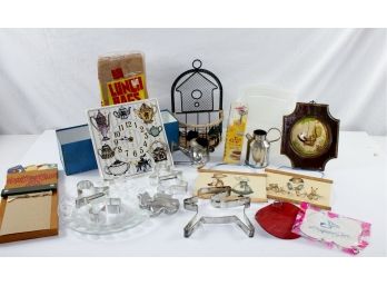 Glass Plates, Misc Metal Cookie Cutters, Kitchen Clock, Paper Lunch Sacks, Wall Hangings