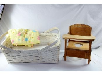 Large White Wicker Bassinet With Pad, 28.5 X 16.5, Old Potty Chair In Rough Shape
