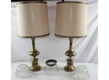 Lamp Lot – 2 Brass Lamps, 27 In & 31 In With Shade -one Missing Top Nut, 3 Glass Light Fixtures