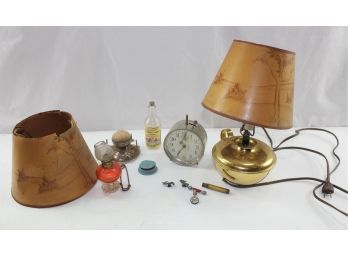 Vintage Misc-2 Shades, One In Bad Shape, Pincushion, Morton Salt Ad, 2 Moose Cuff Links, Mini Kerosene Lamp