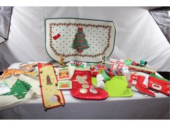 Christmas Miscellaneous Lot - Homemade Felt Tree Skirt, New Rug, Old Sacks, Place Card Holder