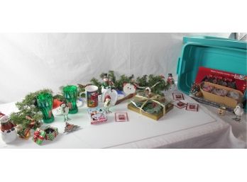 Tub Of Christmas Miscellaneous — Candle Set, Cups, Snowmen,