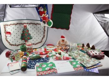 Christmas Miscellaneous Lot - New Rug, Ribbon, Tissue, Cute Ornaments