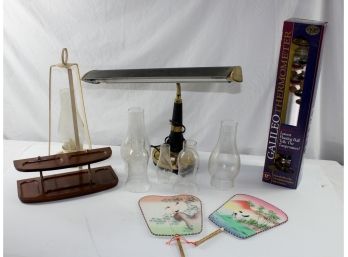 Miscellaneous Lot-Galileo Thermometer, Nice Desk Lamp, Lantern Globes, 1 Globe In Holder, 2  Pretty Hand Fans