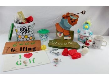 Golf 2 - Welcome Sign, Two Mugs, Tin Of Tees And Balls, License Plate, Ladies Pin, Cleats