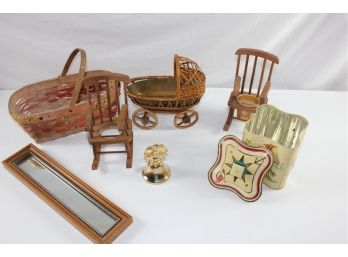 Lot Of Miscellaneous Items - Nautical Tin, Wooden Miscellaneous, Old Basket