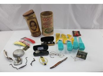 Vintage Misc. Old Glasses, Old Cylinder Boxes, Knife (broken Tip) Old Bell, Wells Mfg Jack Set