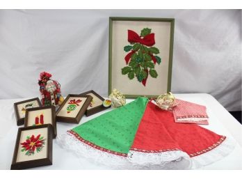 Christmas Lot-5 Framed Stitched Pictures, Tree Skirt