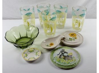Miscellaneous Dishes – 5-7 In Anchor  Tall Heavy Glasses, 2 Trivets, One Green Dish, Set Frankoma - Sunflower