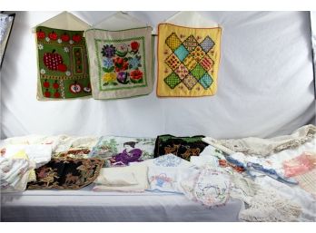 Large Linen Box Of Doilies, Needlework, Pillowcases, Tea Towels, Tablecloth Wall Hanging