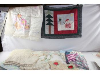 Misc Items – One Small Hand Quilted Wall Hangings, Placemats Knitted & Crocheted, Pillowcases, Sheets