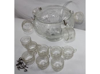 Vintage Punch Bowl With 12 Cups & 12 Metal Hooks, Plastic Ladel