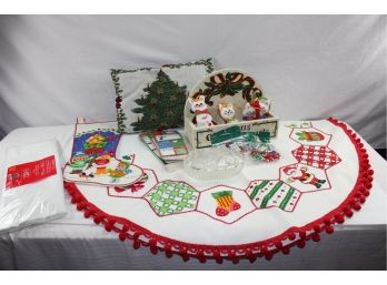 Christmas Items – Beautiful White Sequin Skirt, Glass Dish With Lid, Sequin Stocking, Wooden Candle Holder