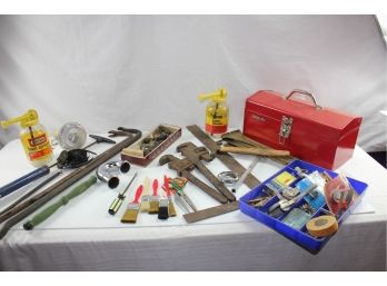 Toolbox And Miscellaneous Tools, 2 Lawns Sprayers, Paint Brushes, Large Wrenches, Crowbars, Square