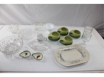 Miscellaneous Glassware - 4 Green Mugs Or Bowls, Heavy Measuring Cup, Johnson Brothers Plate