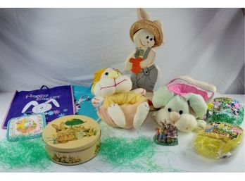 Easter 2— Wooden Rabbit, 2 Cloth Easter Bags, 2 Rabbit Easter Bag, Tin, Rabbit Decor, Grass