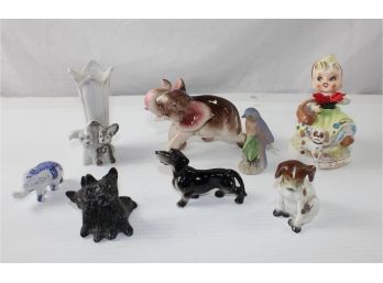 Lot Of 7 Animals – 6 Porcelain, 1 Metal, Some Made In Japan — Girl Figurine 'To Market'  Hummel *