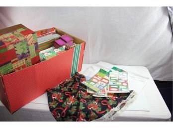 Large Box Of Christmas Boxes, One Tree Skirt, Tissue Paper And Name Tags