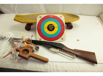Older Child Toys – Skateboard – Daisy Toy Rifle Missing Trigger, Slingshot Pieces