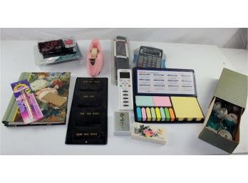 Office Supplies - Sticky Notes, Hole Punch, Calculator, Address Book, Old Tape Dispenser