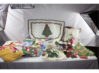 Christmas Miscellaneous Lot – Sequin Felt Tree, New Rug, Bags, Sweatshirt