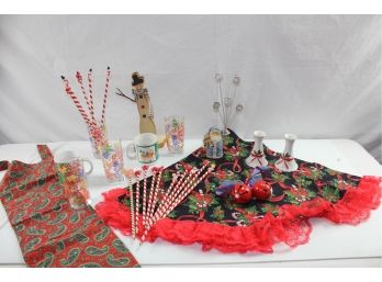 Lot Of Christmas Miscellaneous, Anchor Hocking Glasses, Skirt, Cardholder, Candle Holders