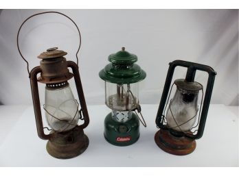3 Lanterns - Coleman, No 2 Cold Blast, Kerosene Train Lantern