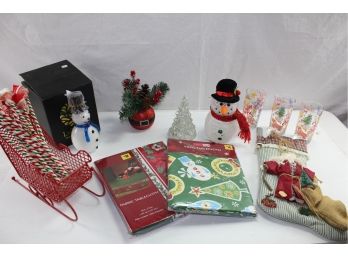 Christmas Items – 3 Anchor Hocking Glasses, Stocking, Sled, Snowman, Effusion Fragrance Snowman In Box