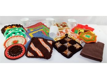 Lots Of Pot Holders, 4 Corning Coffee Cups