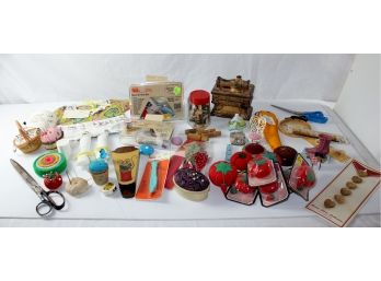 Lot Of Sewing Misc - Several Pin Cushions, Vintage Wooden Needle Holders, Scissors — Wiss- Old Cardboard Bobbins And One Metal