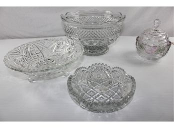 Lot Of Glass Dishes – 1 Large 10 Inch Diameter, 1 Flowered With Lid